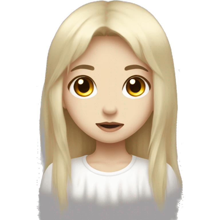 a ghost girl looking like an angel, pale with long dark blonde hair, honey-colored eyes and a black jirai kei shirt, she has side bangs emoji