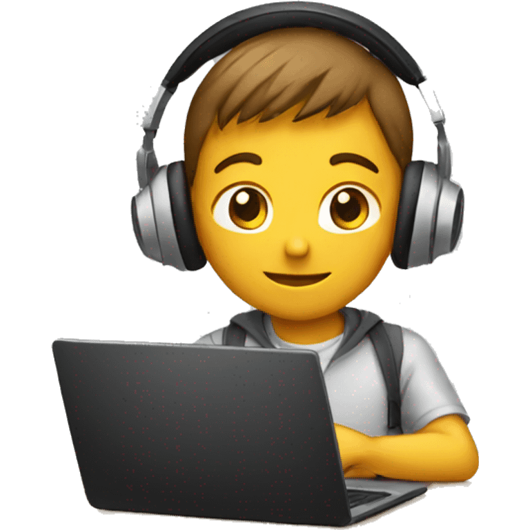 Boyworking on laptop wearing headphone front view  emoji