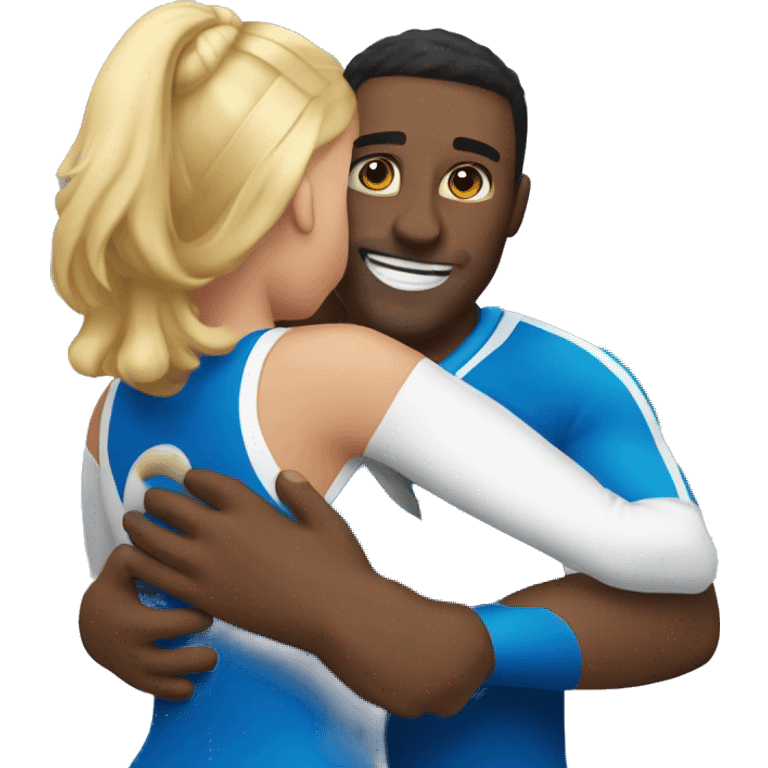 Cheerleader in blue gives a man a big hug emoji