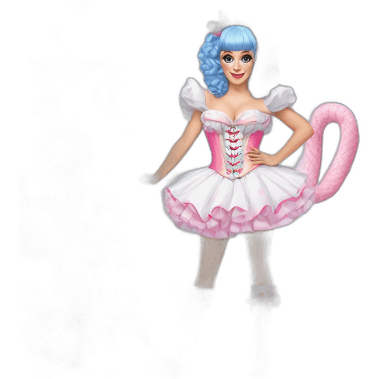 Katy Perry , flamboyant candyland white corset  with candies desings, rainbow skirt, pink boots, pink garters, cotton candy clouds in the sky, candy canes snakes, lilac blue hair with bang emoji