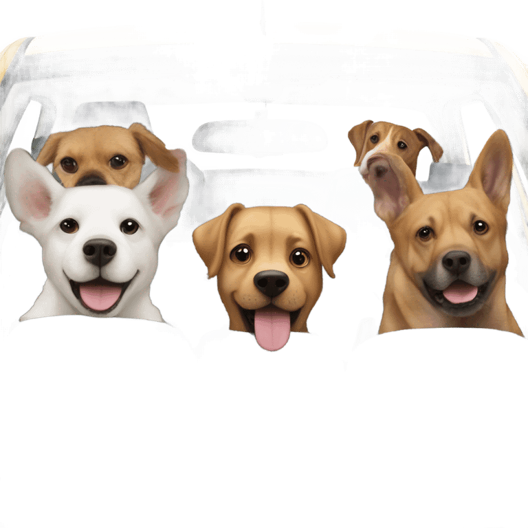 6 dogs in a Prius sticking their heads out of the window with a bald man in his 50’s who likes adventure driving the car emoji