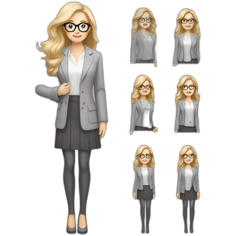 full height pale skin woman with cold blonde straight hair, care haircut, White blouse, Gray oversize jacket, Gray skirt and thin rim glasses holding a color palette in the hands emoji