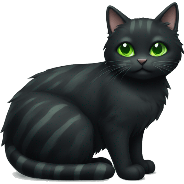 fluffy black cat with green eyes and grey stripes emoji