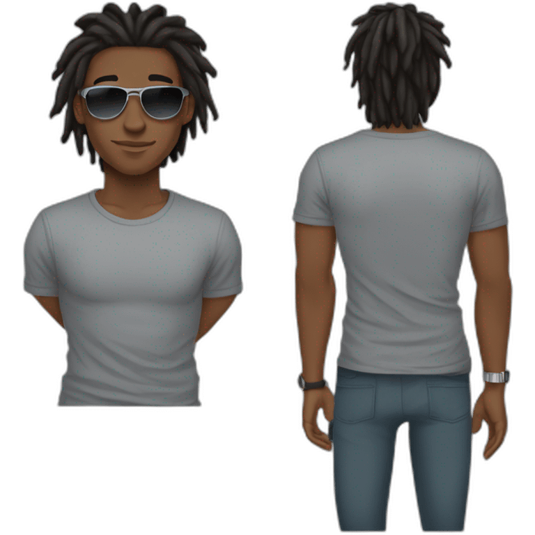 young black male with black mid length dreadlocks and brown eyes, wearing grey T-shirt, having pilot sunglasses, while having crossed arms and having silver rolex on whrist emoji