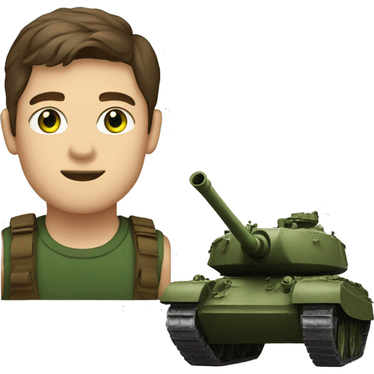 A man with brown hair and green eyes, driving a tank emoji