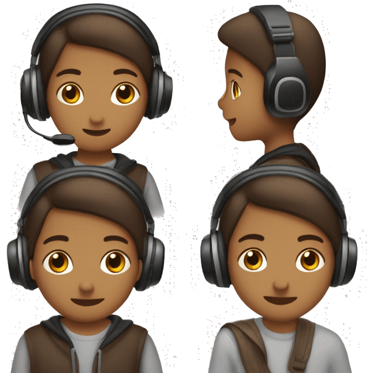 anak muda berambut hitam pendek ikal dengan mata berwarna coklat mengenakan pakain kasual dan menggunakan headphone emoji