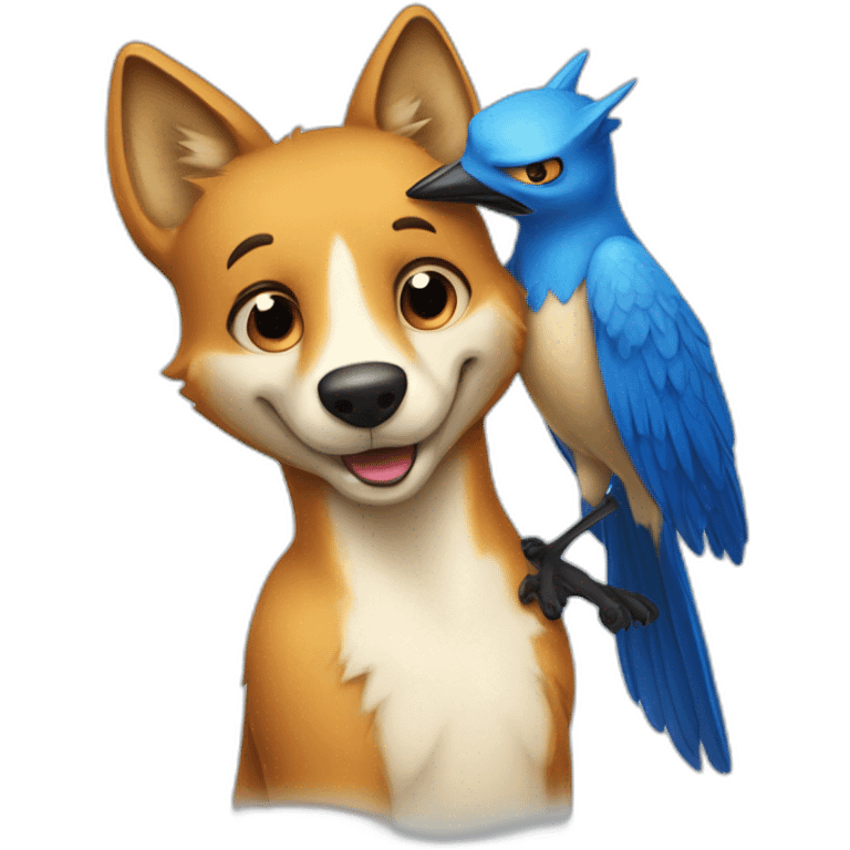 Anthropomorphic dingo giving an anthropomorphic blue bird a hug emoji