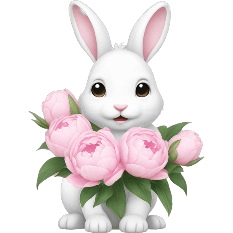 cute white bunny holding light pink peonies emoji