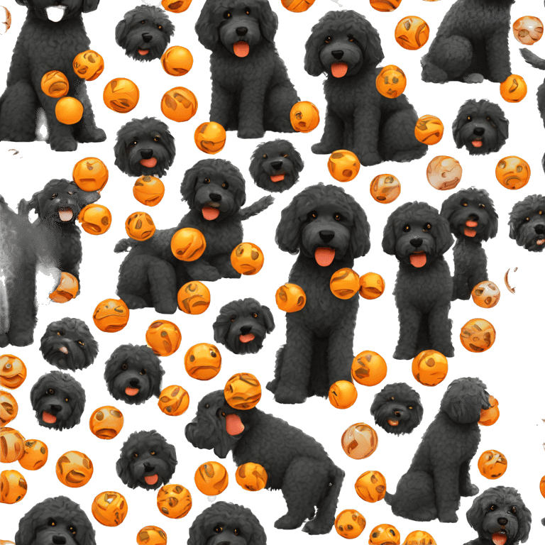 black labradoodle with orange ball in mouth emoji