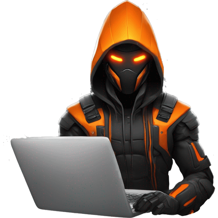  developer behind his laptop with this style : crysis Cyberpunk Valorant orange glowing bright orange character orange black hooded assassin themed character emoji