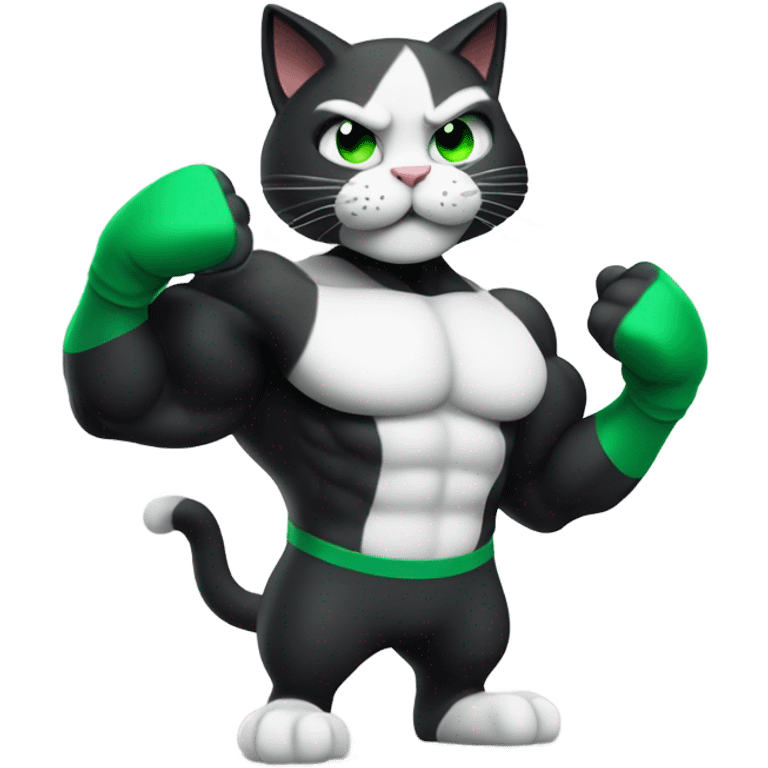 Ultra Muscular gigachad black and white Cat with green eyes flexing His biceps emoji