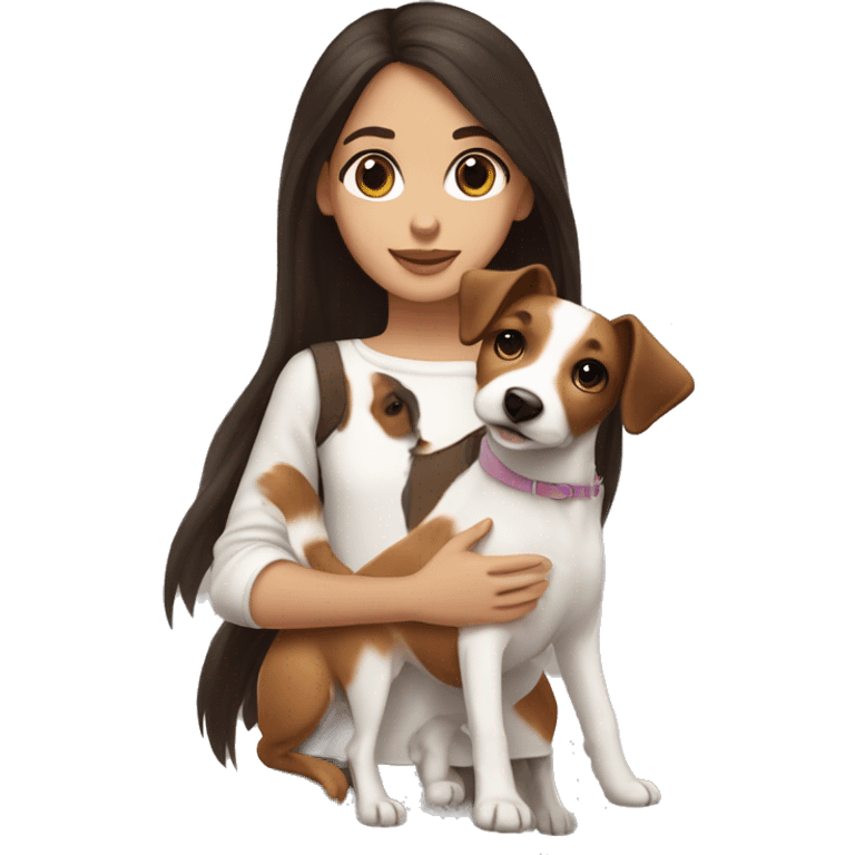 Girl with long dark brown hair and big hazel eyes with long eyelashes holding a jack russell terrier  emoji