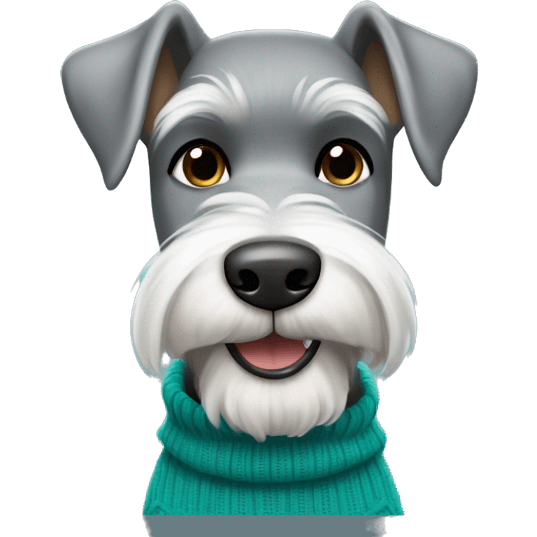 Grey and white schnauzer with dark brown eyes smiling, wearing in a teal sweater emoji