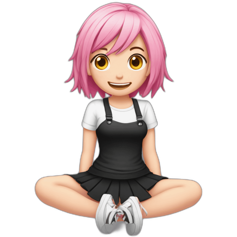 Full body Front view curvy emo girl pink hair sits on the floor straight view hands up black skirt полосатые рваные чулки emoji