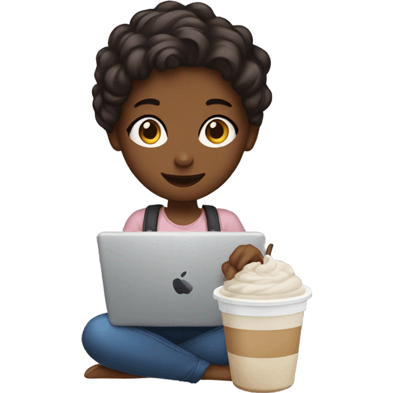 Girl holding iced coffee in one hand and laptop in other emoji