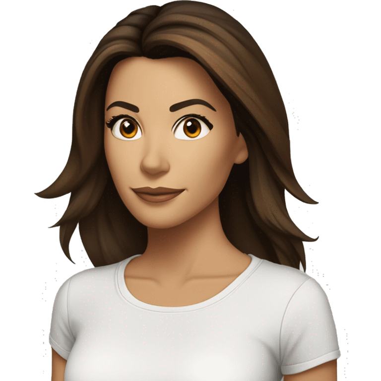 3/4 face, contrasted, shadow, light, Eva Longoria expression, standing from a distance, thin nose, brunette woman, hazel eyes, long eyelashes, dark shoulder shaded hair, white t-shirt, jeans, white sneakers emoji