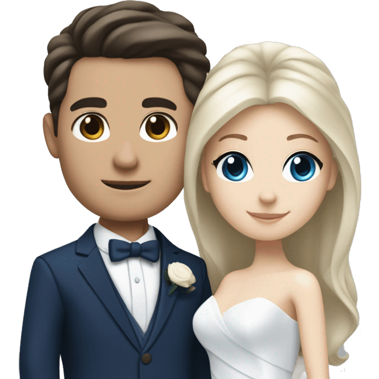 Wedding couple, groom white skin with dark brown hair and dark brown eyes, bright with white skin blonde hair and blue eyes and dark blue suit emoji