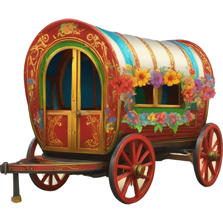 Traditional gypsy wagon with red, gold green, blue. Flowers and gypsy art painted on the sides colorful emoji