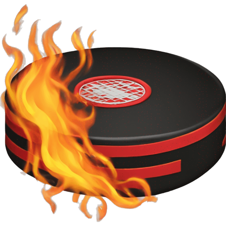 hockey puck with fire. color scheme black, red, gold emoji