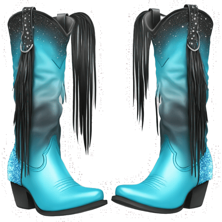 Realistic pastel blue to black ombre pair of fashion cowgirl boots with sparkly shiny glitter fringe on them. emoji