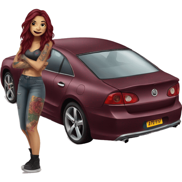 Beautiful tattooed burgundy long haired woman washing a car emoji