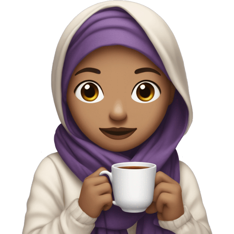 A veiled white scarf, light skin color, dark brown-eyed girl holding a tea cup in her hands and a purple and black cashmere scarf on her shoulders cute emoji