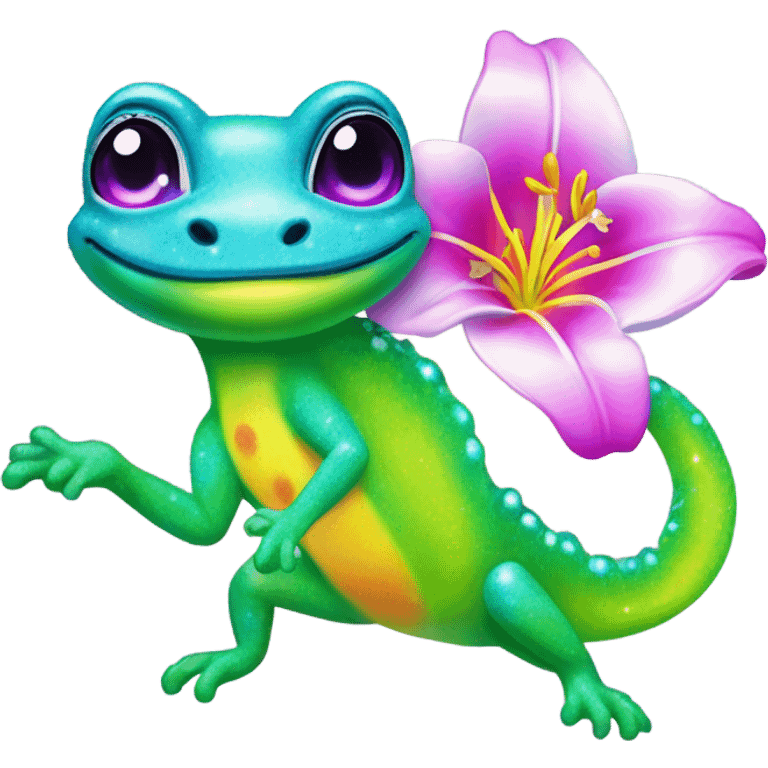 Lisa frank glitter gecko with a lily emoji