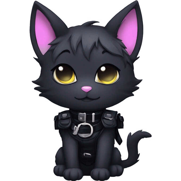 Gorgeous furry gothic dark techwear anime style anthro black bat-cat furry sona with blushing face aesthetic and pretty edgy black with collar and harness trending style emoji