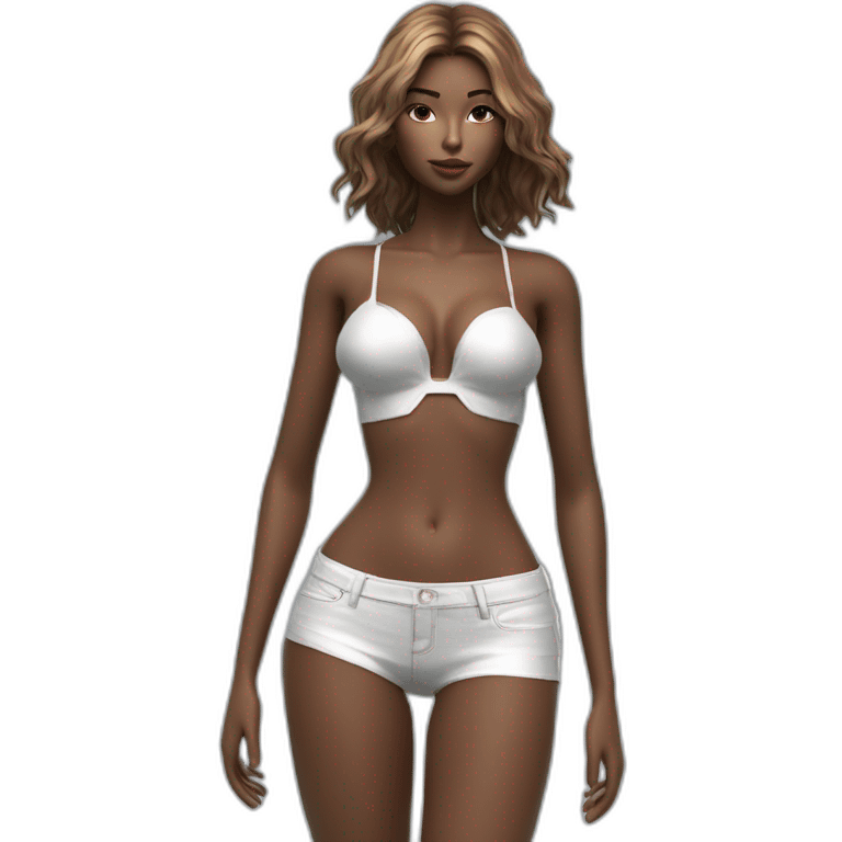 Fashion editorial style octane render, stylized, angle of a (Young Woman, transparent bra, slim-thick, fit, fit, bare belly, see-through beach outfit, pokies. 1. 3) Elusive hair, High fashion emoji