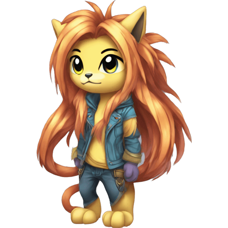 Anthro Sona Cool Edgy Cute Legendary Colorful Shy Shiny Fakemon-Fantasy-Creature With Long Hair-Mane Full Body Detailed High Quality emoji