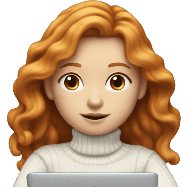 ginger girl with wavy long hair and blue eyes in turtle neck white sweater working on a laptop emoji