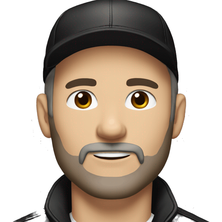 An adult white skin portrait of male with stubble and a slightly gray beard, brown hair, black eyes, wearing a black Reebok cap with a round emblem on his head, and a black leather jacket. emoji