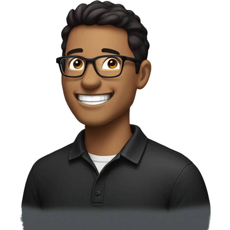 latino laughing male data science engineer with closely shaved dark brown hair and five o clock shadow wearing a black polo shirt and glasses, not a full body emoji