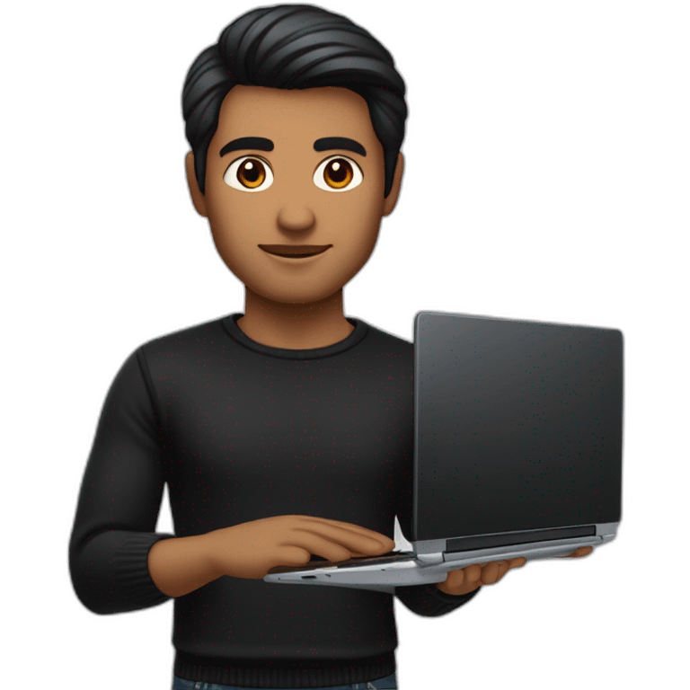     memoji of a man with a laptop in front, apple-style,modern,dark hair,black sweater,computer in hand, srilankan brown skin and dark brown eyes,  emoji