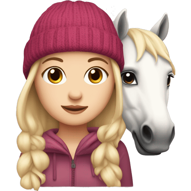 White girl with cute beanie and her horse  emoji