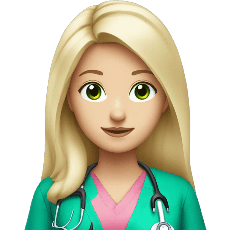 pale blonde girl with long hair and green eyes wearing pink scrubs and stethoscope  emoji