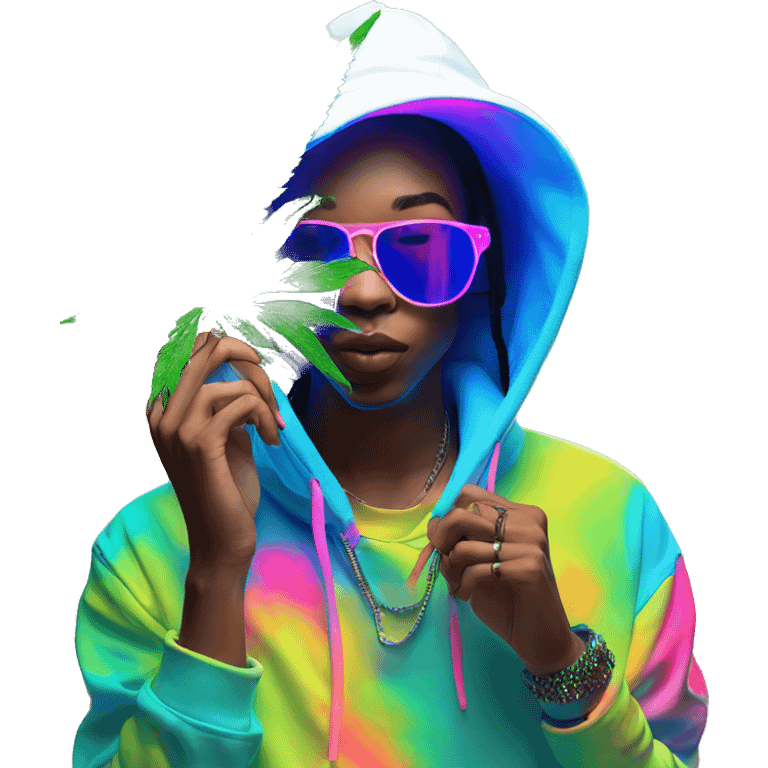 Hemp leaves Multicoloured neon person smoking wearing hoodie dancing hip hop bucket hat tropical Skater fashion aesthetic baggy clothes graphic t shirt 420 emoji