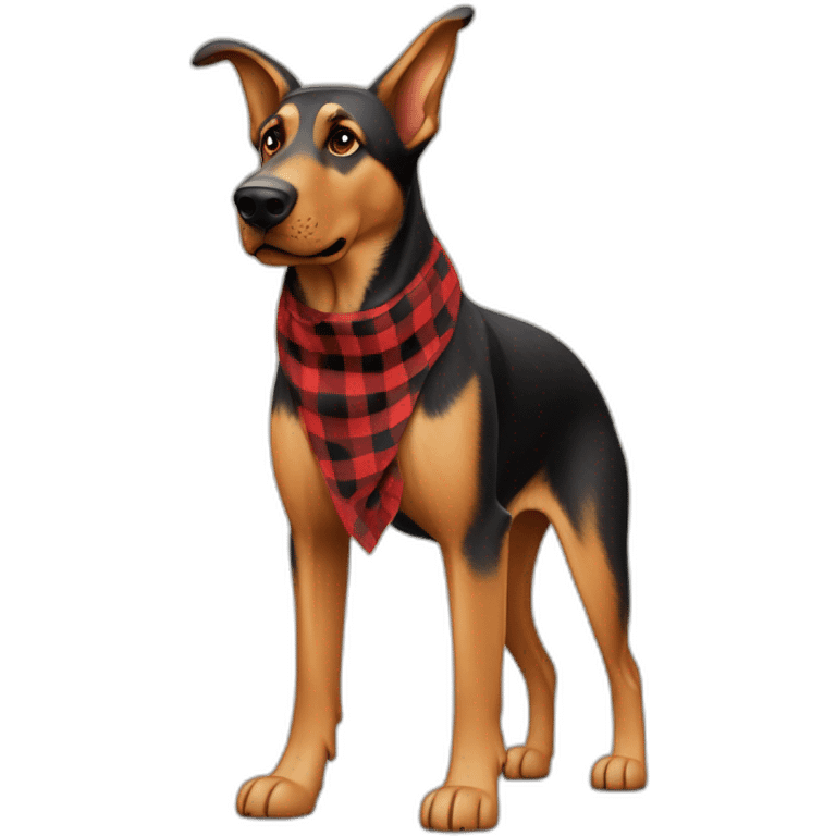 adult 75% Coonhound 25% German Shepherd mix dog with visible tail wearing small pointed red buffalo plaid bandana full body walking left quickly emoji