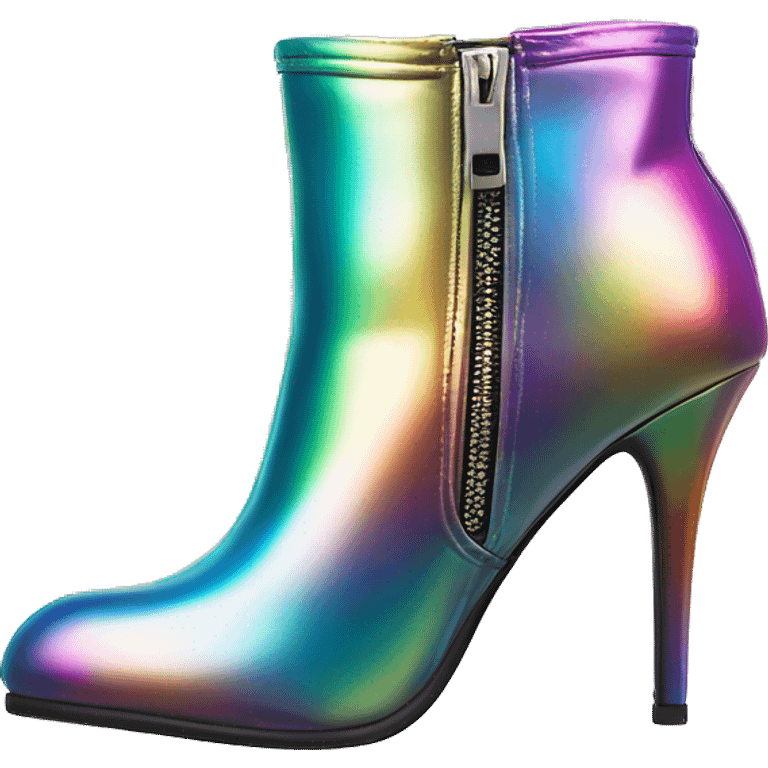 Realistic isolated top view of a pair of metallic rainbow iridescent zippered high heel ankle bootie boots.  emoji