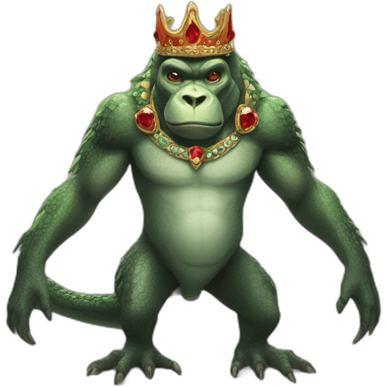 A creature that has a handsome human head with a jeweled crown and a gorilla's body, kangaroo arms, frog legs, a crocodile tail, and red dragon wings. emoji