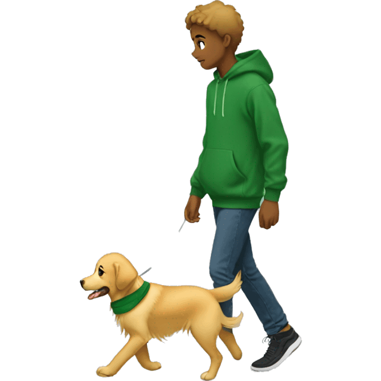 Boy in green hoodie walking golden retriever emoji