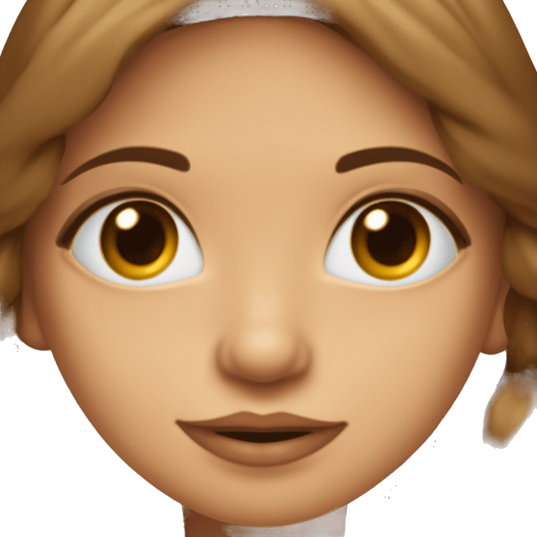 cara de una chica con el pelo castaño obscuro hasta el pecho, nariz de patata pero pequeño, ojos redondos marron y un poco verdosos, labios normales, orejas pequeñas con pendientes de aros pero muy pequeño emoji