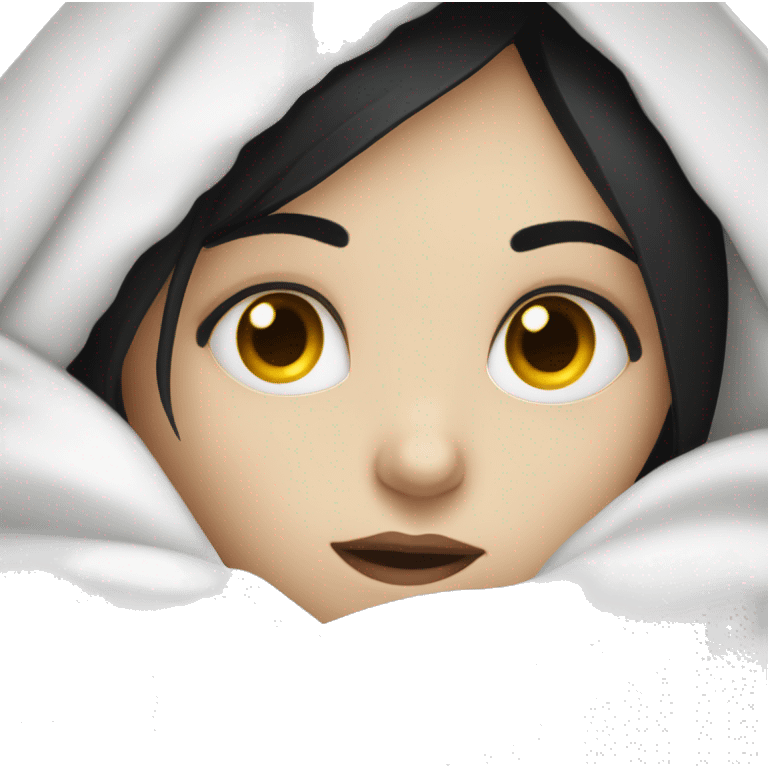 Pale Girl with black hair  laying down cozy in a white blanket emoji