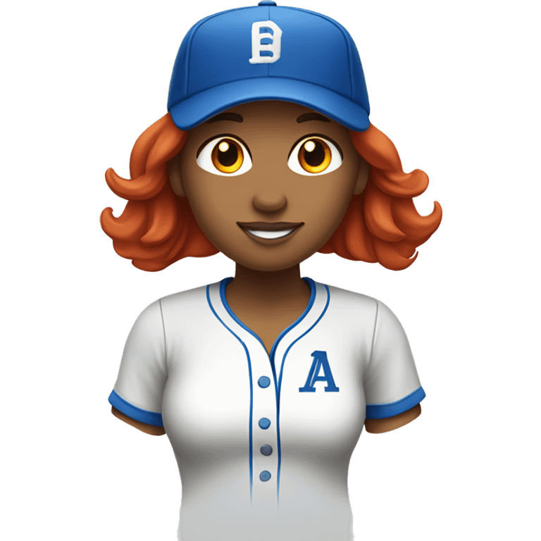 front facing standing female coach with long red hair, wearing a white t-shirt and a simple baseball blue hat emoji