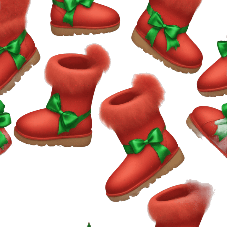 Realistic red Ugg fur boots with gree ribbon bows isolated.  emoji