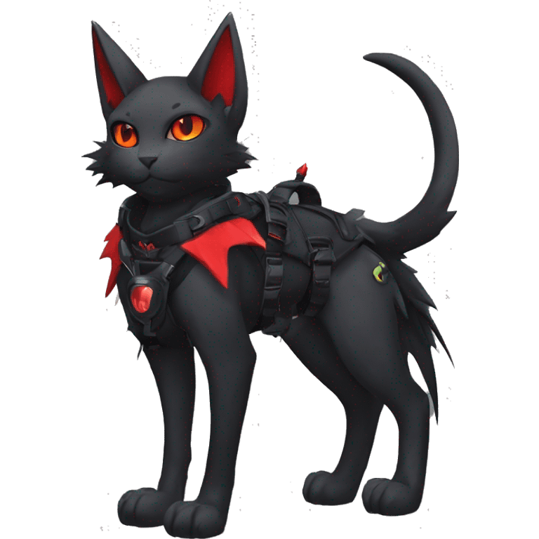 Anthro cool cute edgy elegant pretty black punk techwear red fantasy nargacuga-bat-cat-Fakemon collar harness warrior full body emoji