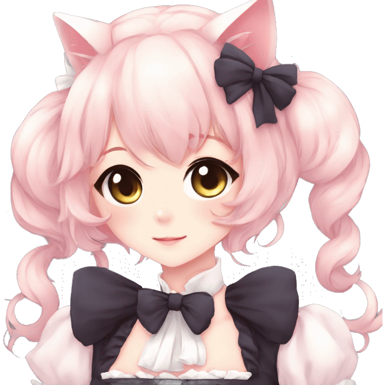 Gorgeous anime style catlady with blushing face with maid outfit bow tie idol model kawaiicore pearly petite simplistic aesthetic trending style emoji