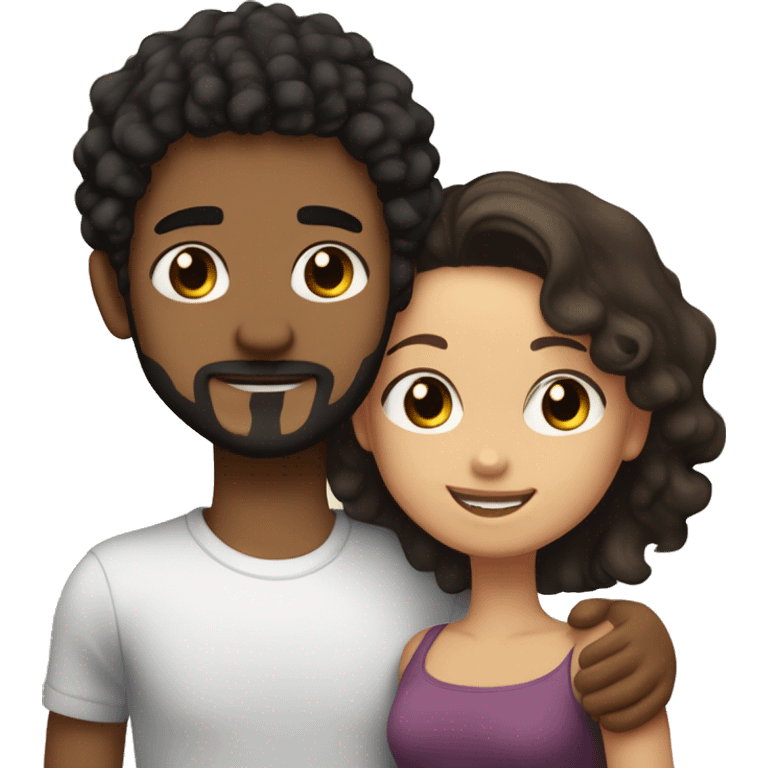 girl with light skin, hazel eyes and black straight hair hugging a boy with fair skin, medium curly hair that is light brown and a tiny mustache and goatee emoji