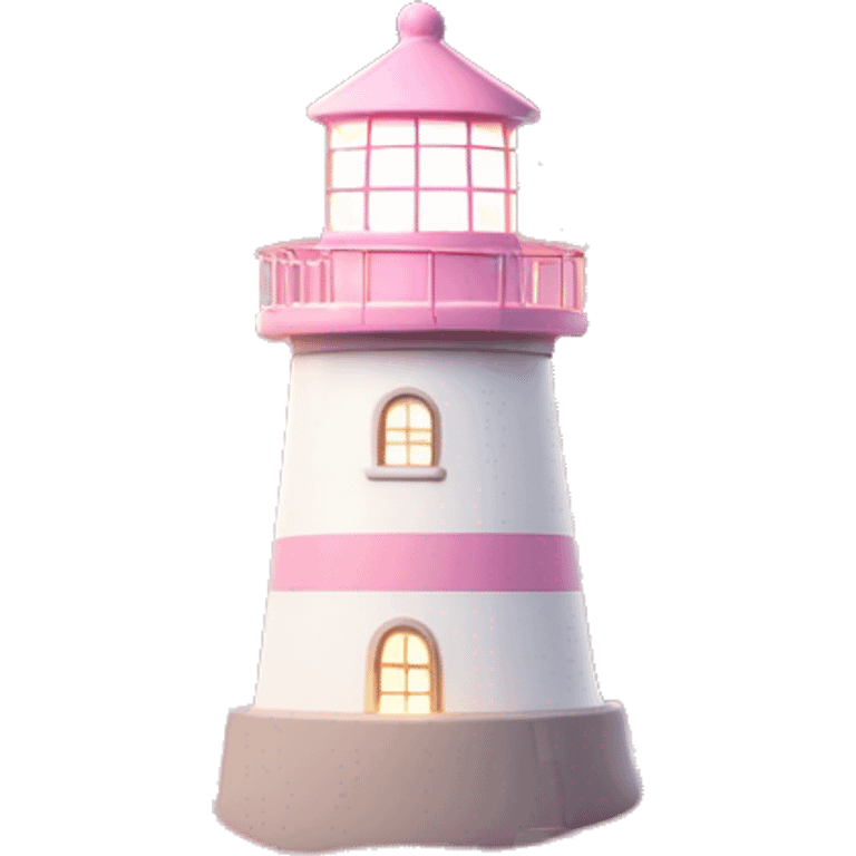 Pink and white Light House with warm white Christmas lights  on sandy shore  emoji