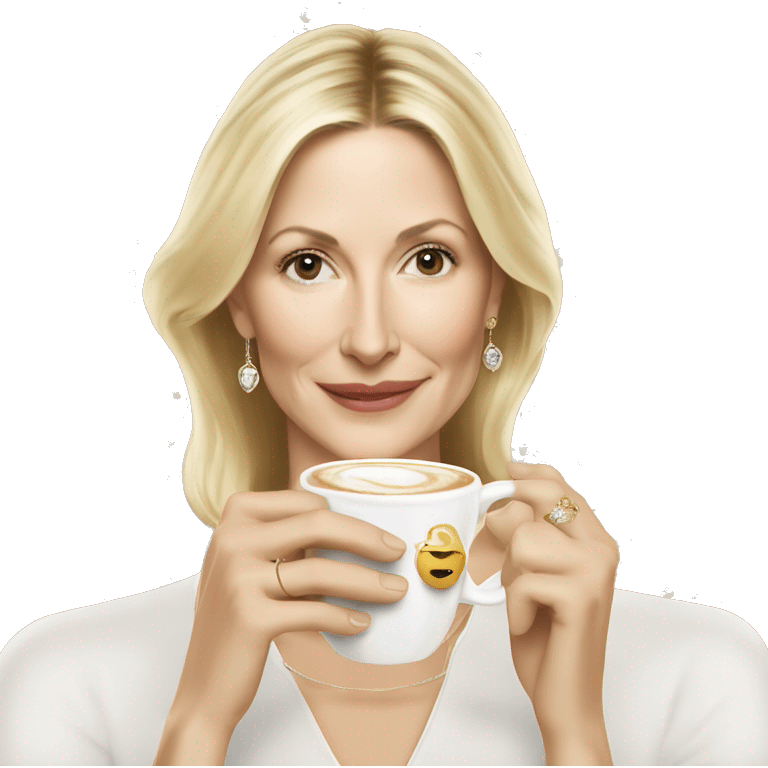 Kelly Rutherford with jewellery wearing white drinking cappucino emoji